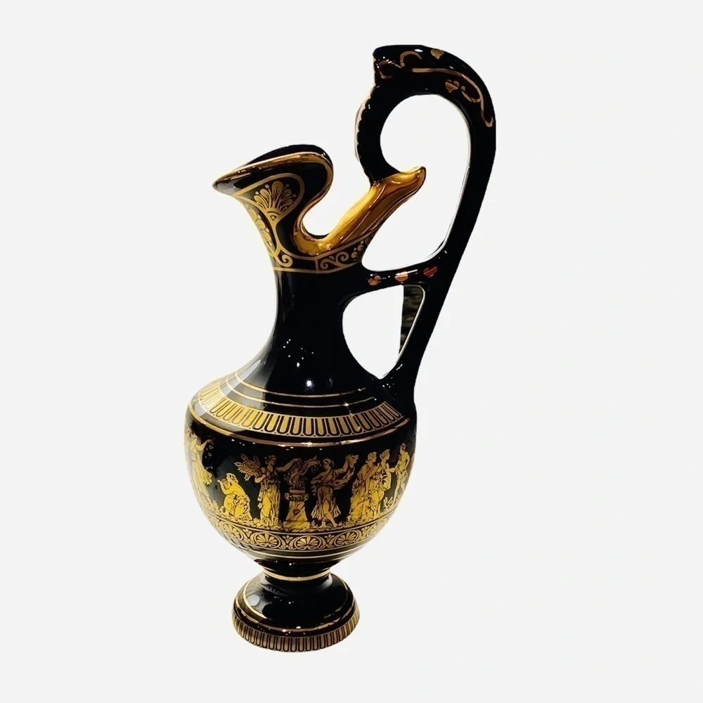 Vintage i. Spyropoulos Greek Black Mythology Vase. Hand Made in Greece 24K Gold